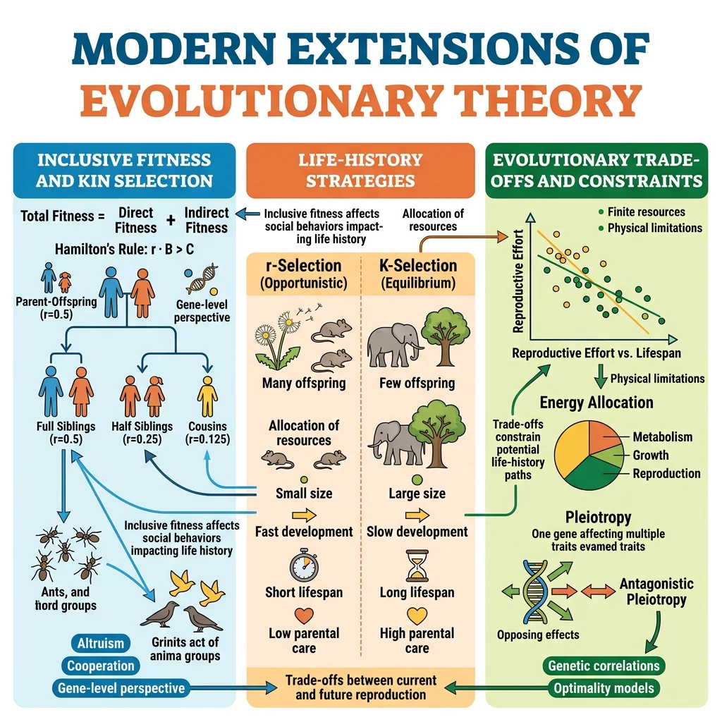 Overview diagram of modern evolutionary extensions including inclusive fitness, life-history strategies, and evolutionary trade-offs