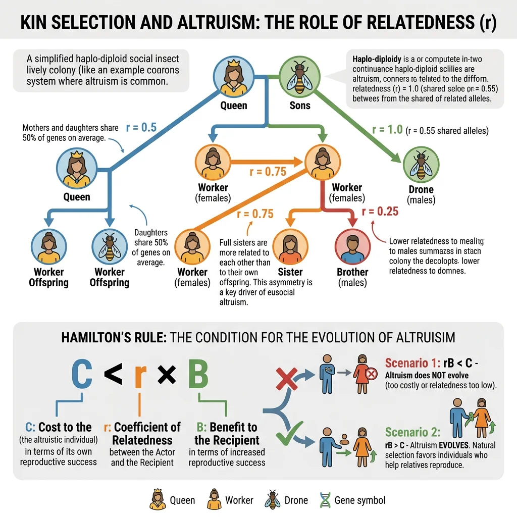 Diagram showing kin selection and altruism with relatedness coefficients between family members
