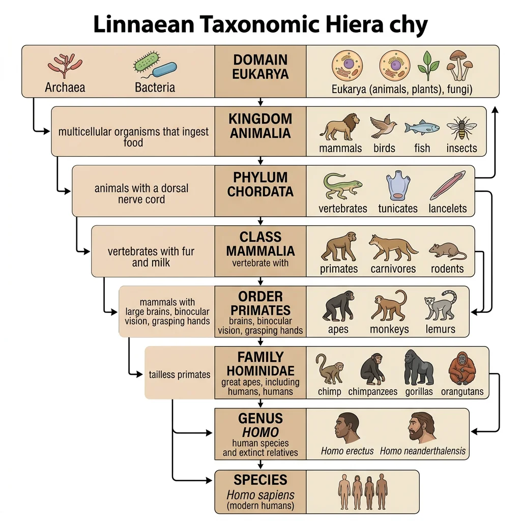 Linnaean taxonomic hierarchy showing domain, kingdom, phylum, class, order, family, genus, and species ranks with nested groupings