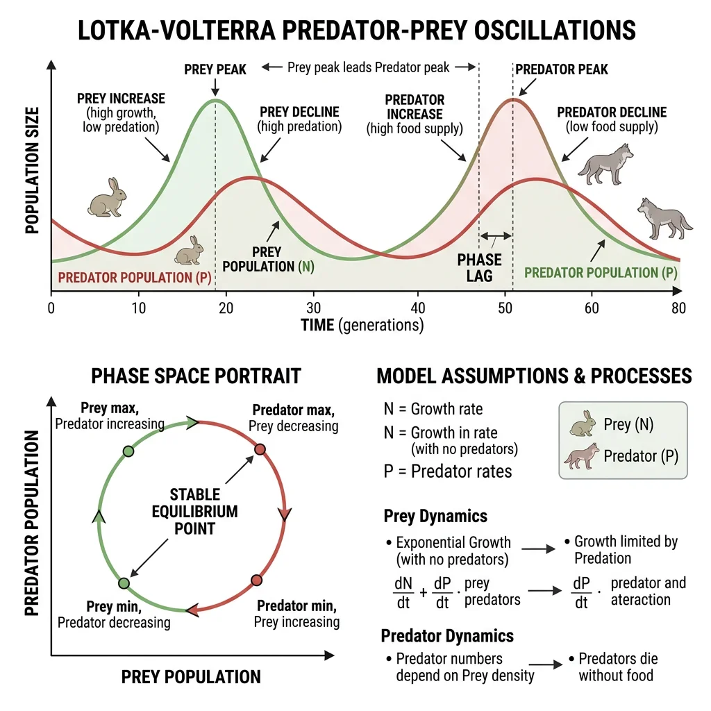Lotka-Volterra predator-prey population oscillation cycles showing phase-shifted dynamics over time