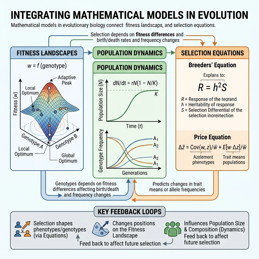Overview diagram connecting mathematical evolution models including fitness landscapes, population dynamics, and selection equations