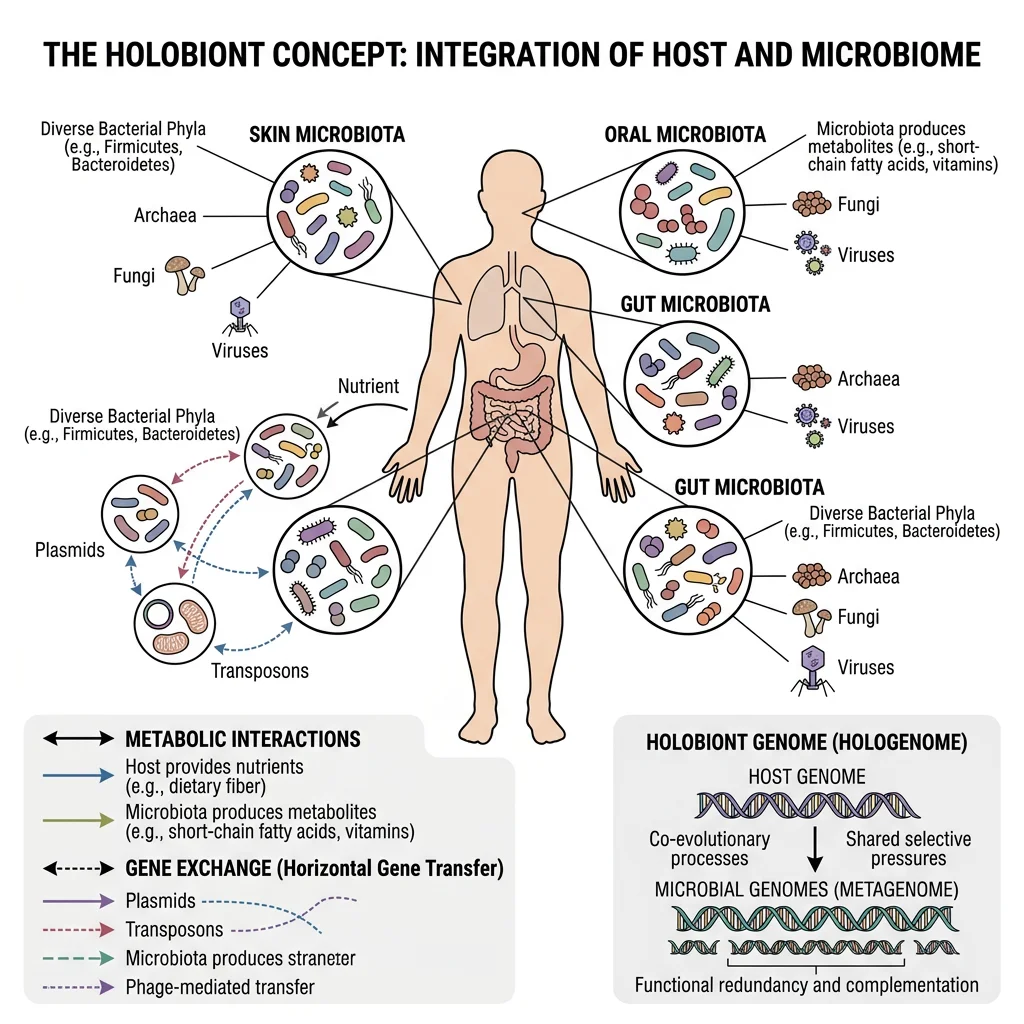 Diagram of the holobiont concept showing a host organism surrounded by its microbiome communities in the gut, skin, and oral cavity, with arrows indicating metabolic interactions and gene exchange between host and microbial genomes