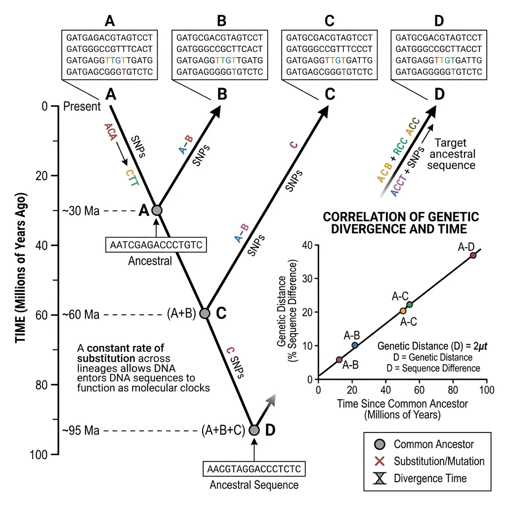 Molecular clock diagram showing how DNA sequence differences accumulate proportionally to divergence time between species