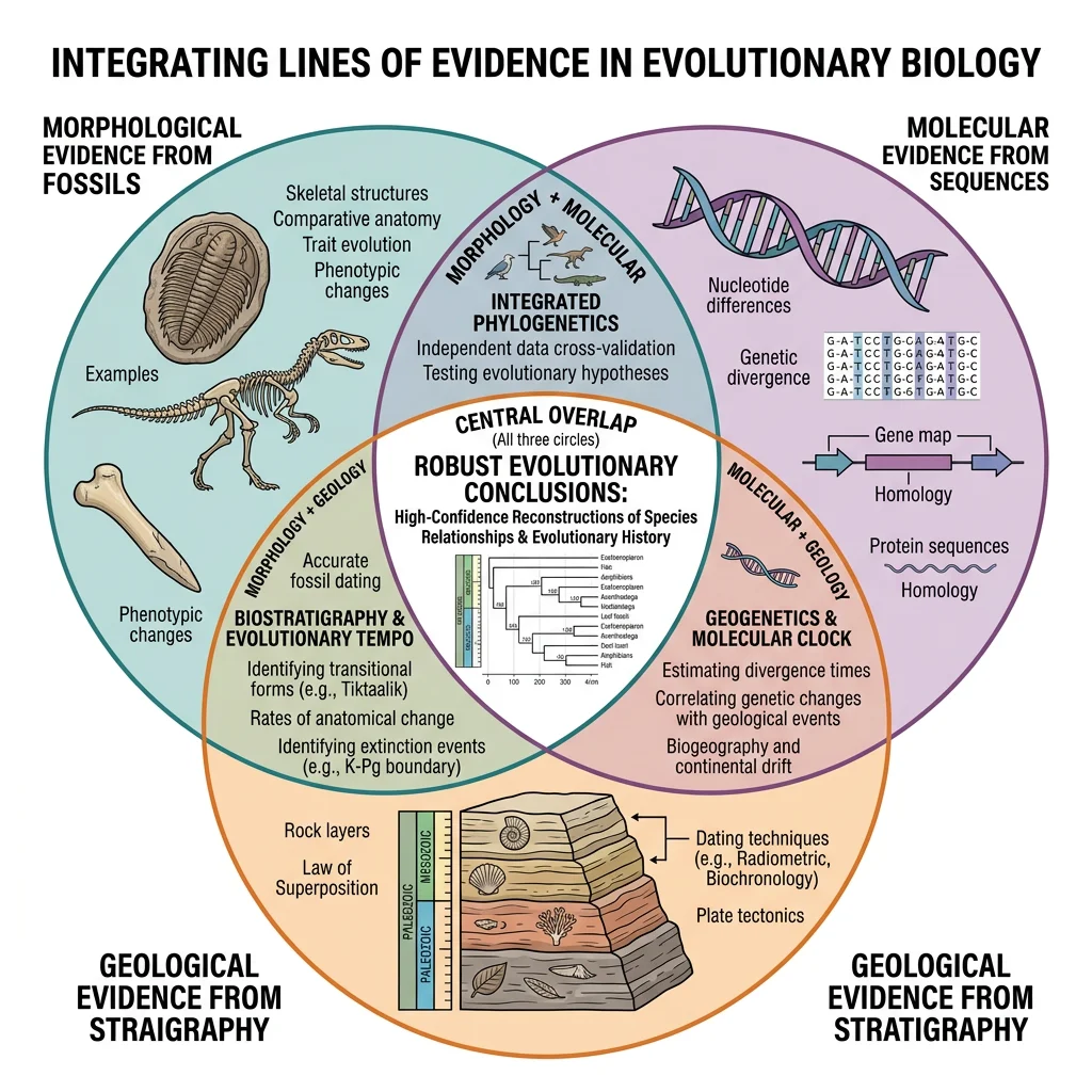 Venn diagram showing the integration of morphological evidence from fossils, molecular evidence from DNA sequences, and geological evidence from stratigraphy, with overlapping areas representing cross-validated conclusions