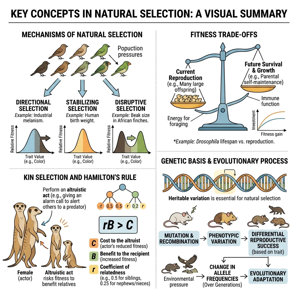 Visual summary of key natural selection concepts including selection types, Hamilton's Rule, and fitness trade-offs