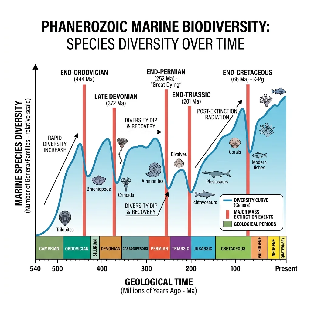 Phanerozoic marine biodiversity curve showing species diversity over 540 million years with mass extinction dips and recovery periods