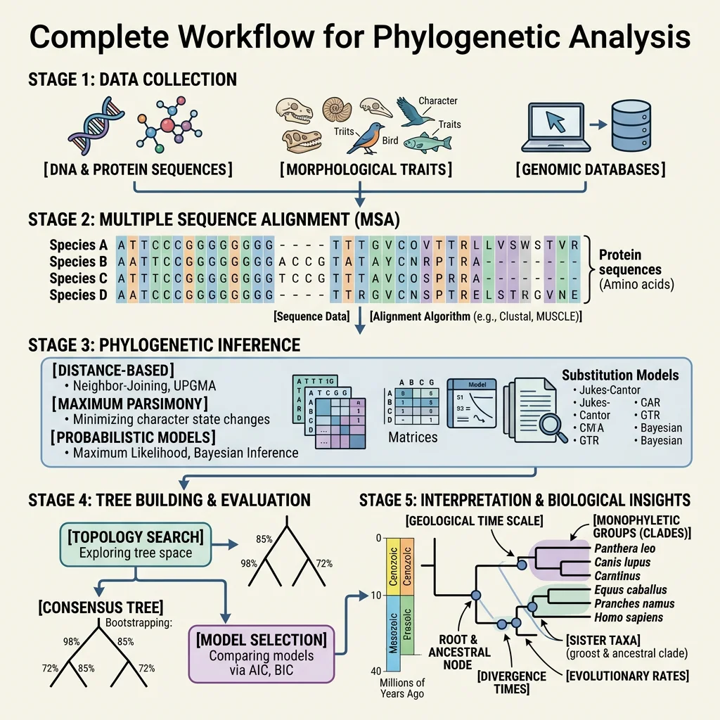 Practice workflow for phylogenetic analysis showing steps from data collection through tree building to interpretation