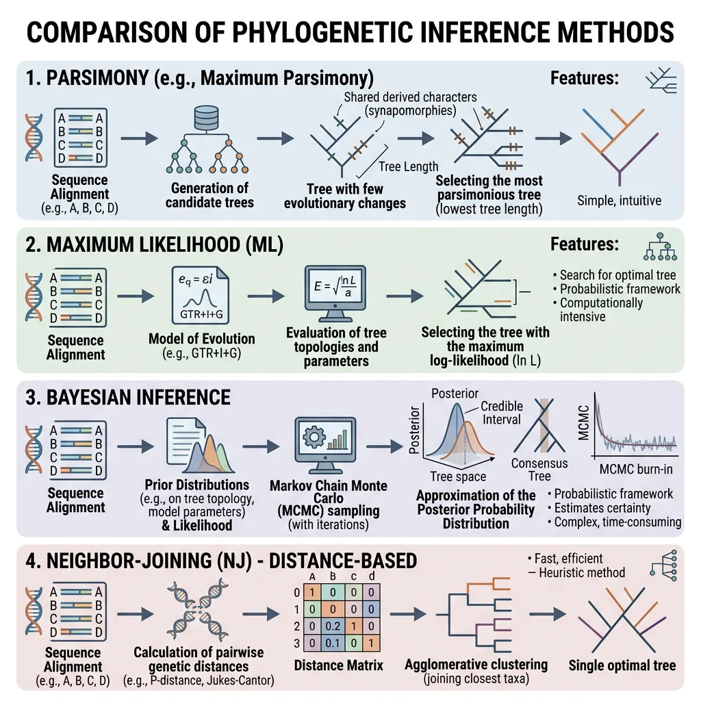 Comparison of phylogenetic methods including maximum likelihood, Bayesian inference, parsimony, and neighbour-joining with their workflow steps
