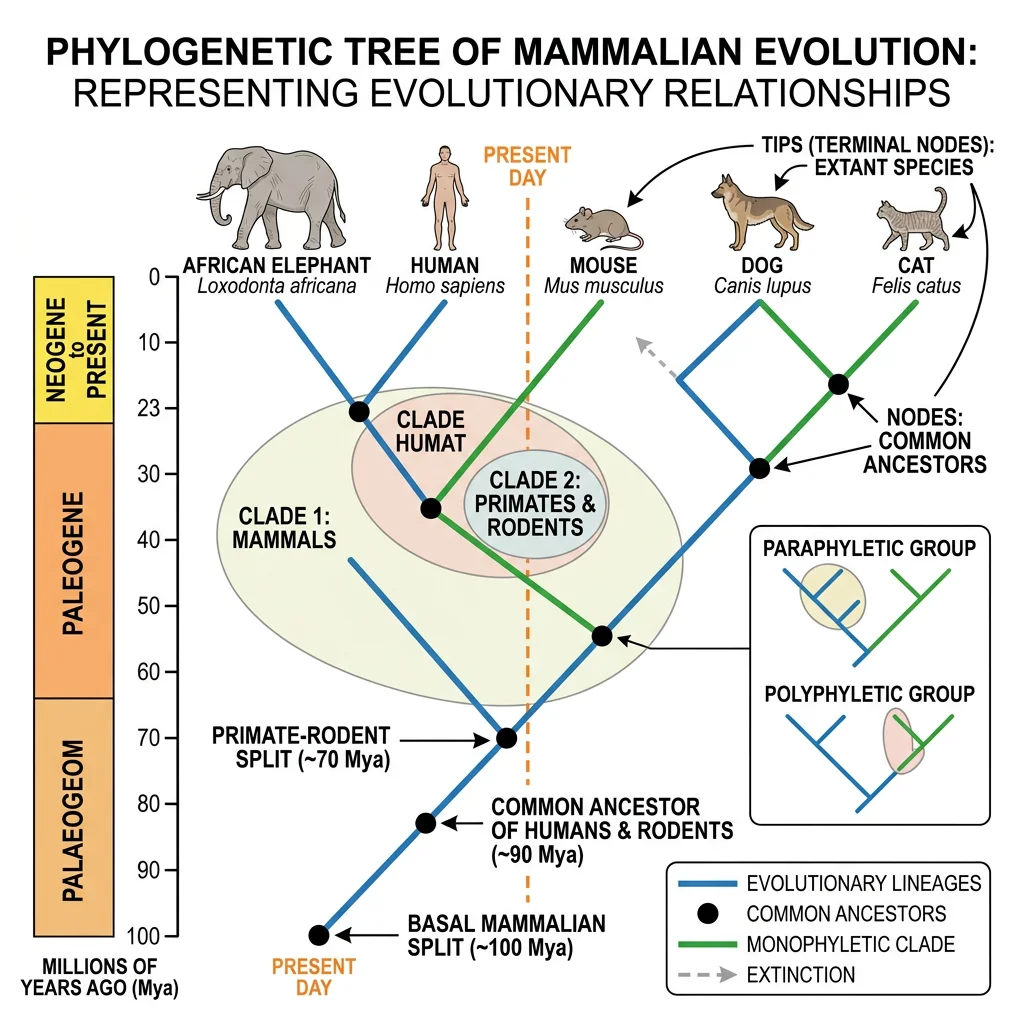 Phylogenetic tree diagram showing branching pattern with nodes representing common ancestors and tips representing living species