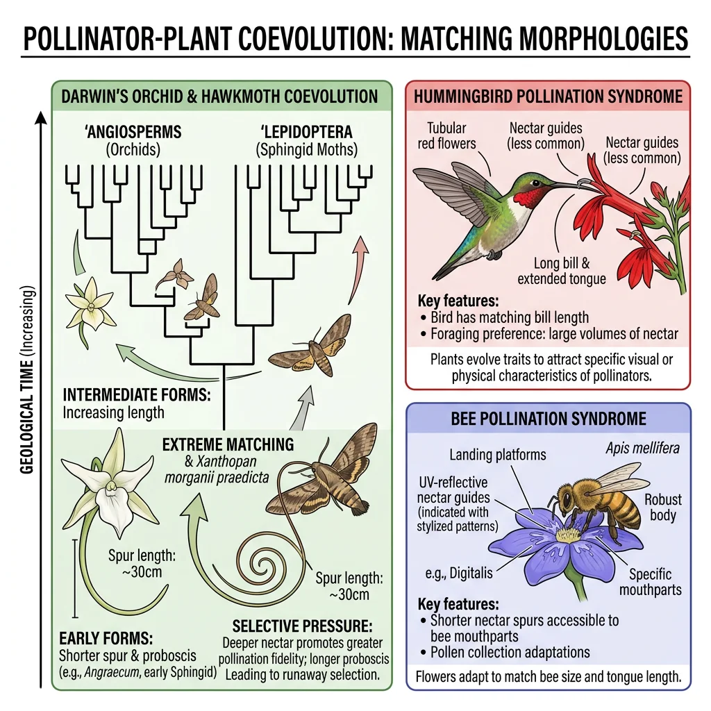 Diagram showing pollinator-plant coevolution with examples of matching flower morphologies and pollinator anatomy, including Darwin's orchid with its 30cm nectar spur and the hawk moth's matching proboscis