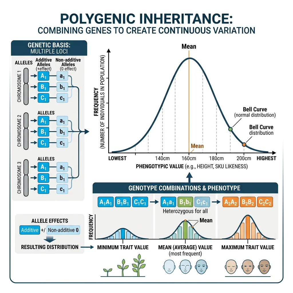 Bell curve distribution of a polygenic trait showing how multiple genes combine to produce continuous phenotypic variation