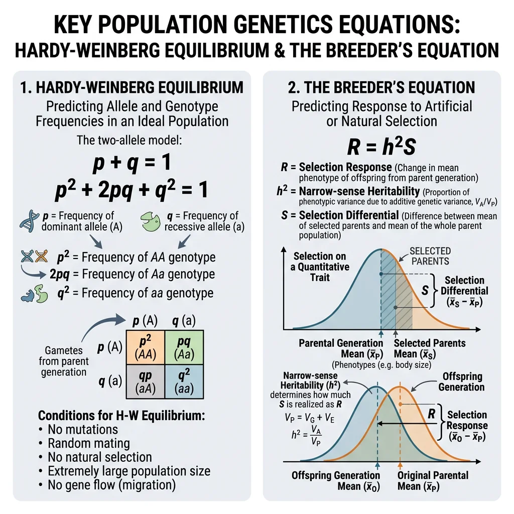 Reference diagram of key population genetics equations including Hardy-Weinberg equilibrium and the breeder's equation