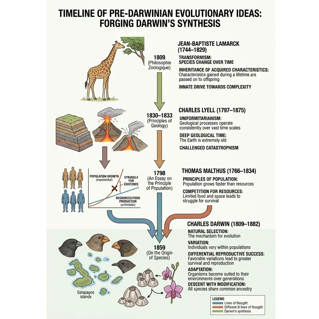 Timeline of pre-Darwinian evolutionary ideas from Lamarck, Lyell, and Malthus leading to Darwin's theory