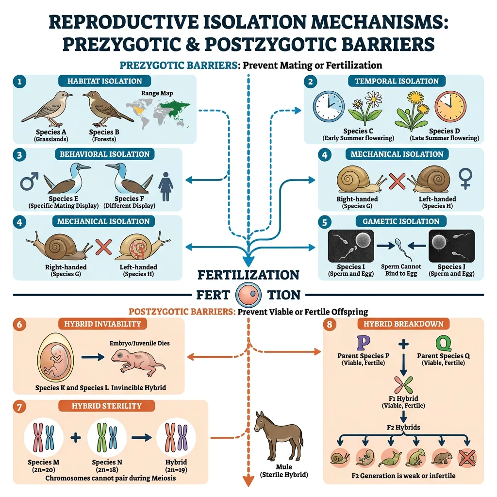 Diagram of prezygotic and postzygotic reproductive isolation barriers arranged by stage from habitat isolation to hybrid breakdown