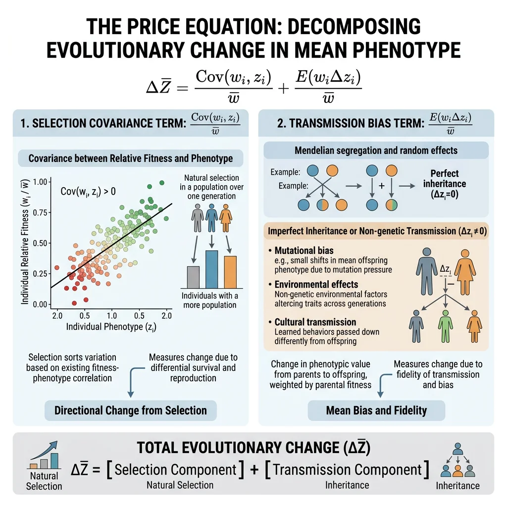 Diagram illustrating the Price equation components showing selection covariance and transmission bias terms