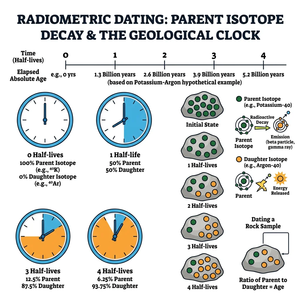 Diagram illustrating radiometric dating showing parent isotope decay into daughter isotope over successive half-lives, with a clock metaphor for absolute age determination