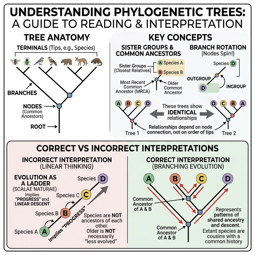 Guide to reading phylogenetic trees showing sister groups, common ancestors, branch rotation, and correct vs incorrect interpretations