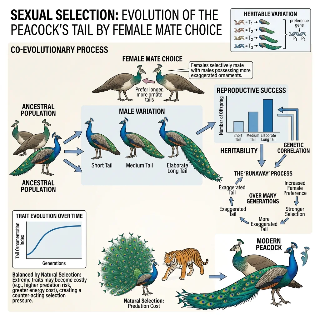 Illustration of sexual selection showing peacock tail ornament evolution through female mate choice