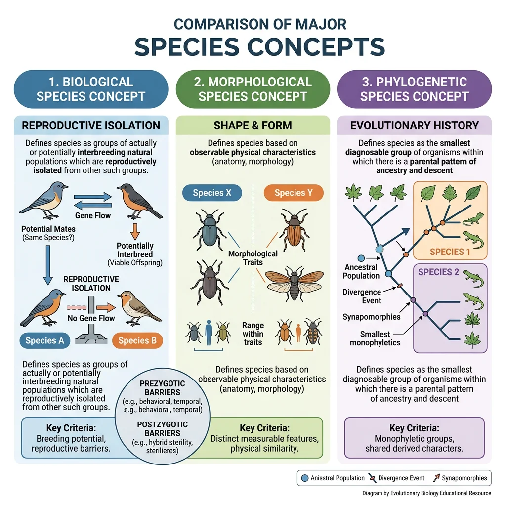 Comparison of biological, morphological, and phylogenetic species concepts with examples and criteria