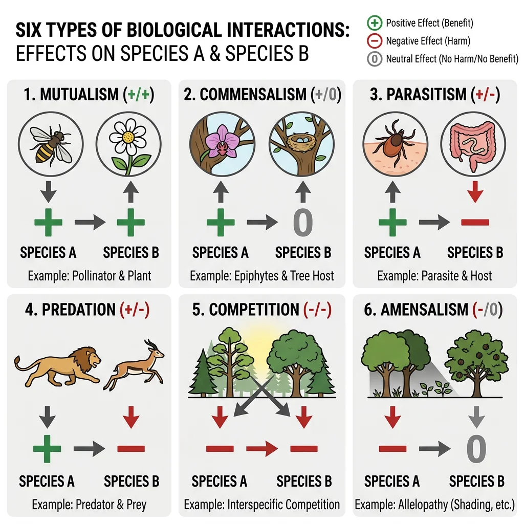 Diagram categorizing the six types of species interactions — mutualism, commensalism, parasitism, predation, competition, and amensalism — with plus, minus, and zero symbols showing effects on each species