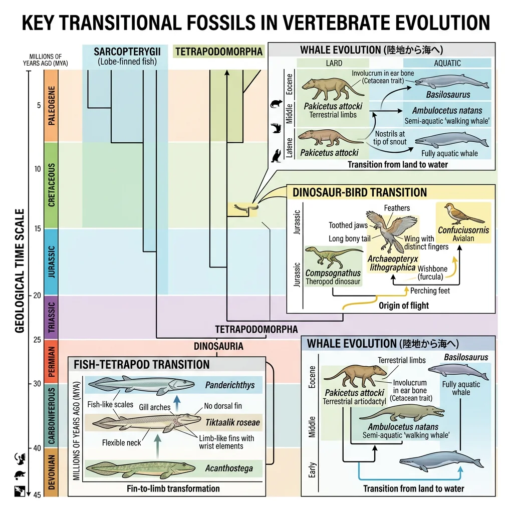 Evolutionary tree diagram highlighting positions of key transitional fossils including Tiktaalik between fish and tetrapods, Archaeopteryx between dinosaurs and birds, and Pakicetus in whale evolution