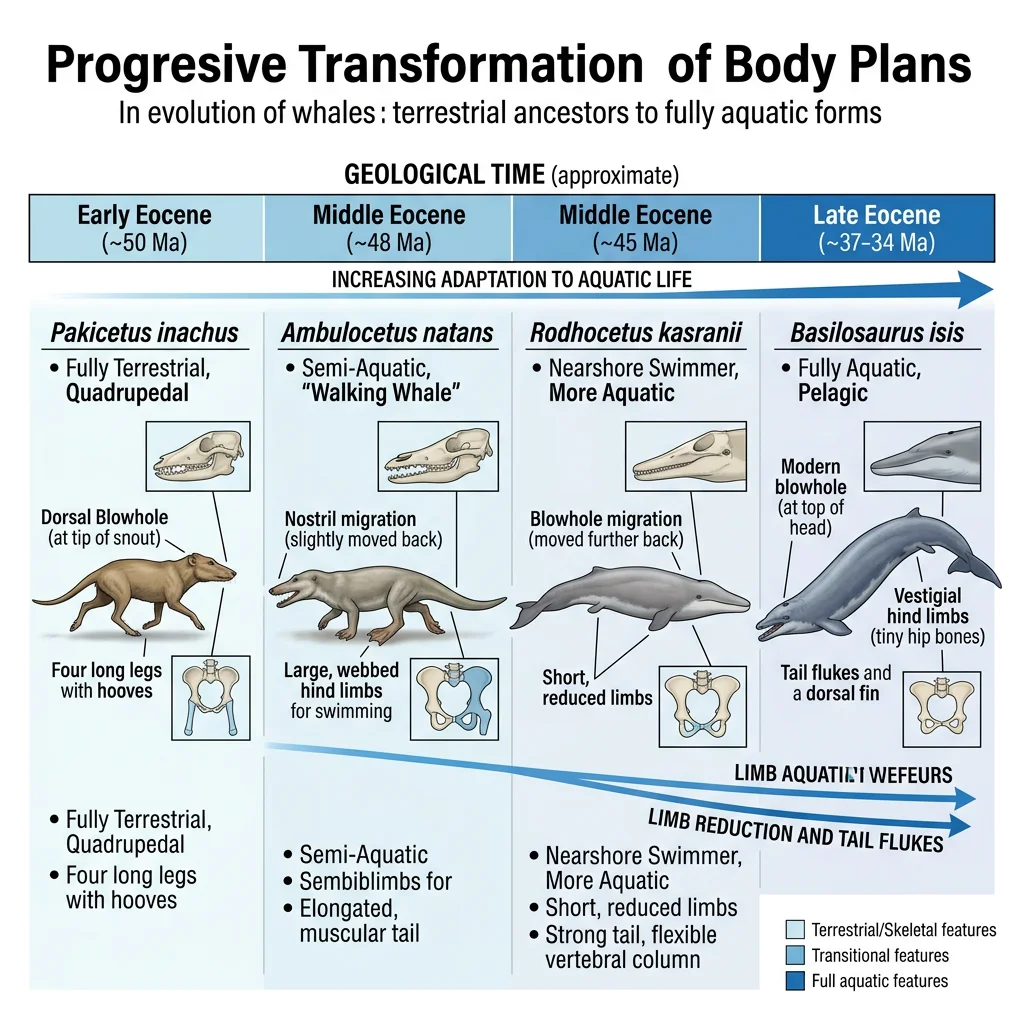 Illustration showing progressive body plan changes in whale evolution from the terrestrial Pakicetus through amphibious Ambulocetus and nearshore Rodhocetus to the fully aquatic Basilosaurus, with limb reduction and blowhole migration