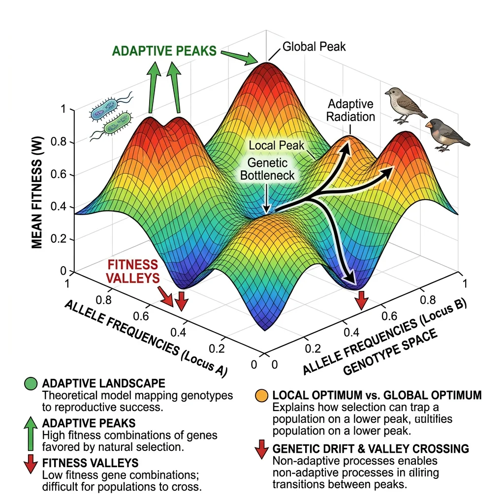 Three-dimensional fitness landscape showing adaptive peaks and valleys in genotype space