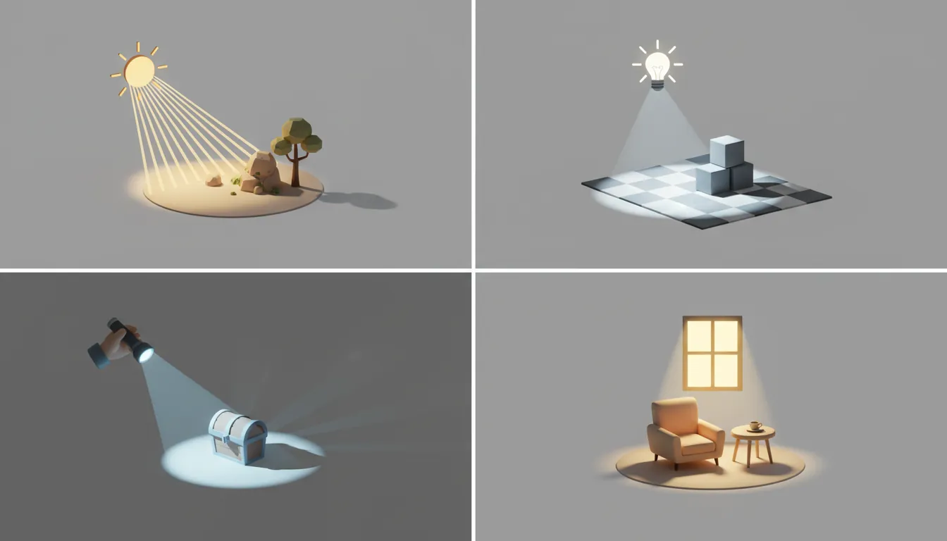 3D lighting types: directional, point, spot, and area lights