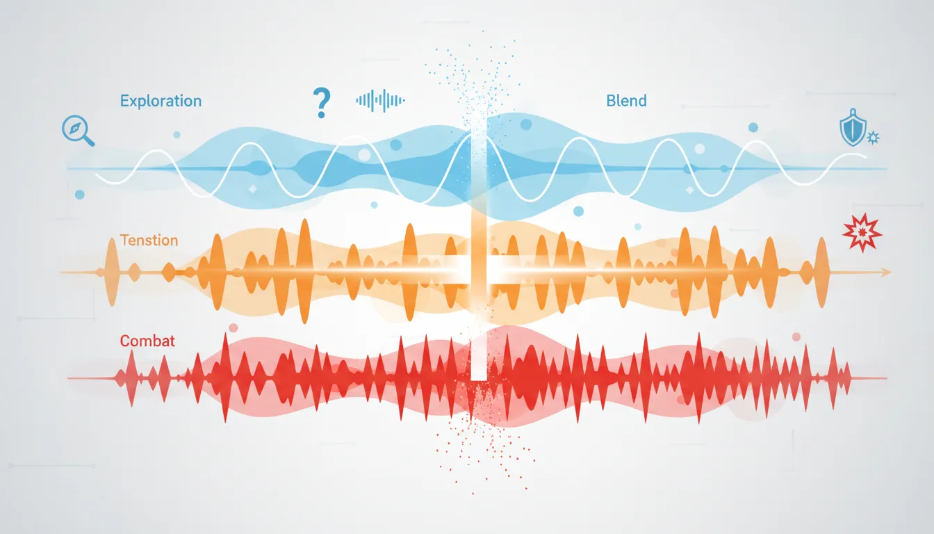 Adaptive music layers diagram showing exploration, tension, and combat tracks blending