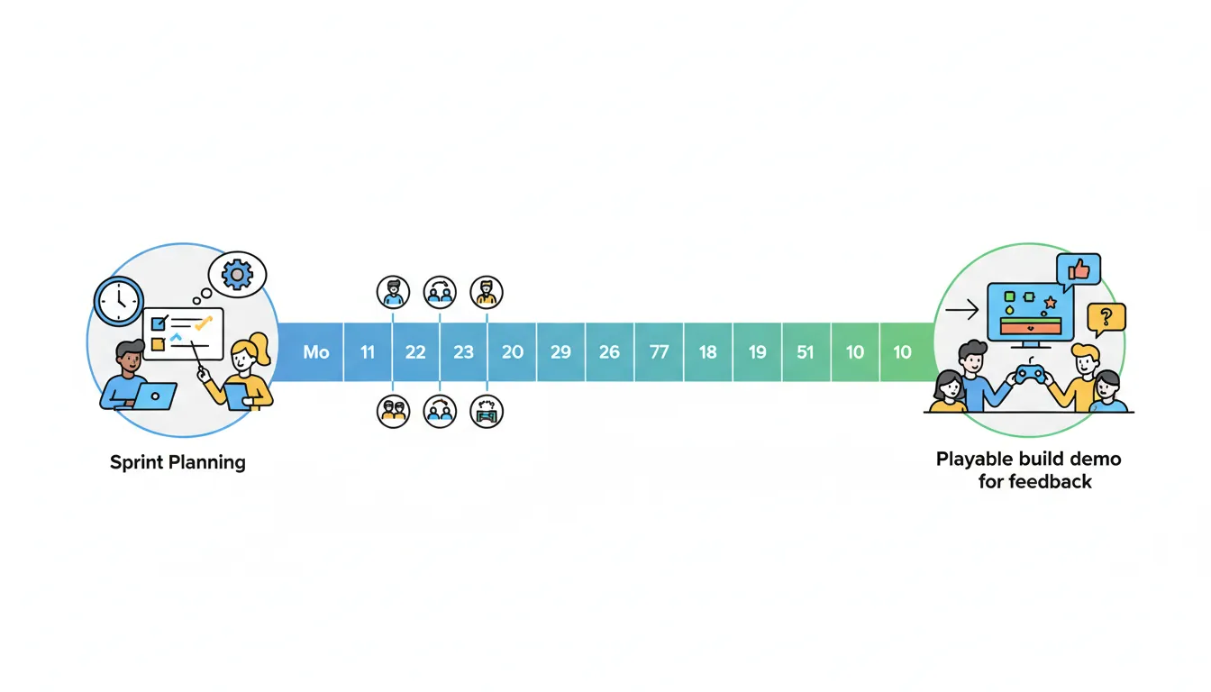 Scrum sprint cycle for game development with planning, daily standups, and review phases