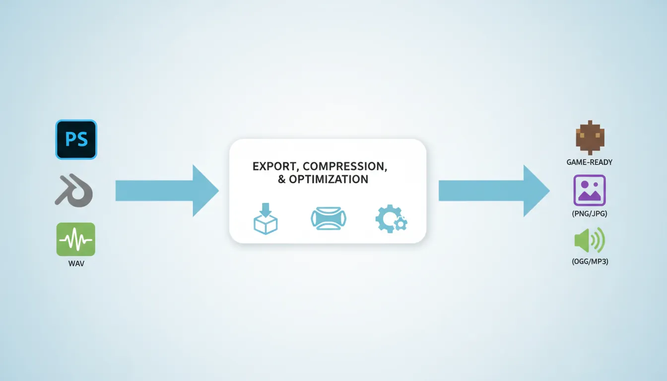 Asset pipeline flow from raw source files through processing to optimized game-ready assets