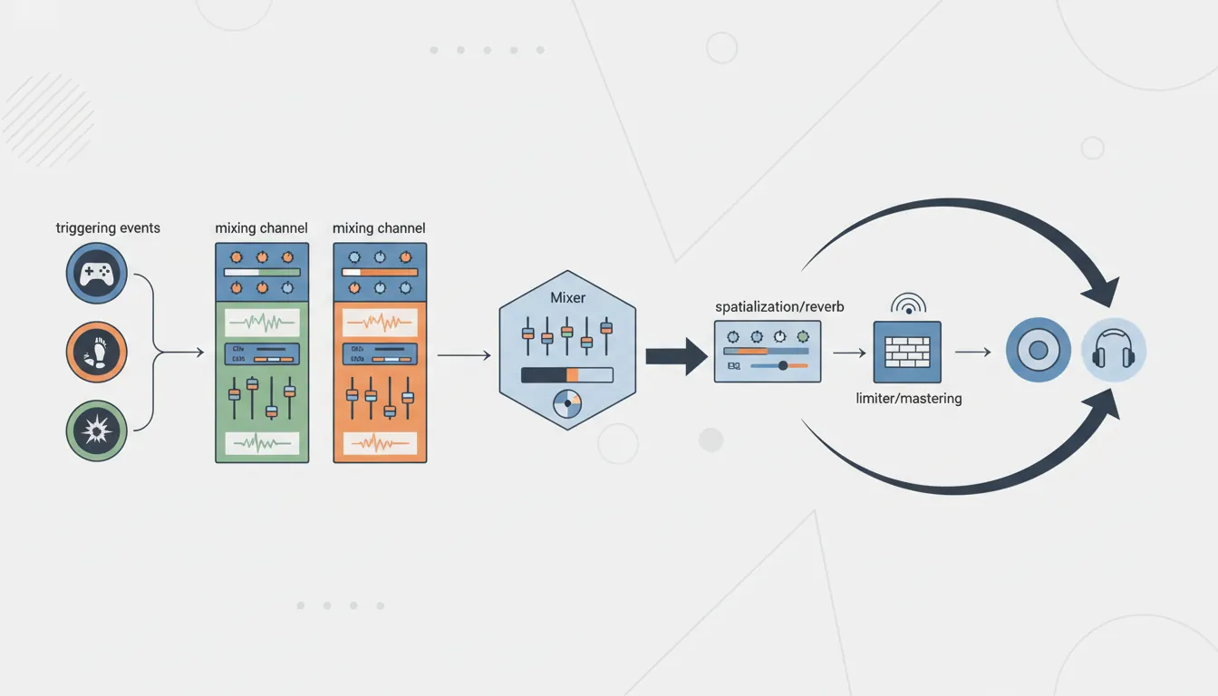 Audio signal chain from game event to speaker output showing waveform processing