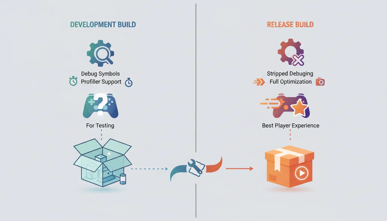 Development build vs release build comparison showing debug features and optimization levels