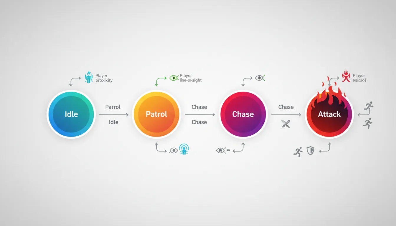 Finite state machine diagram showing enemy AI states and transitions