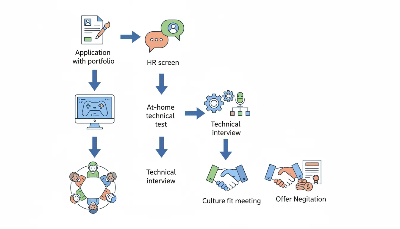 Game industry hiring pipeline from application through technical test to offer