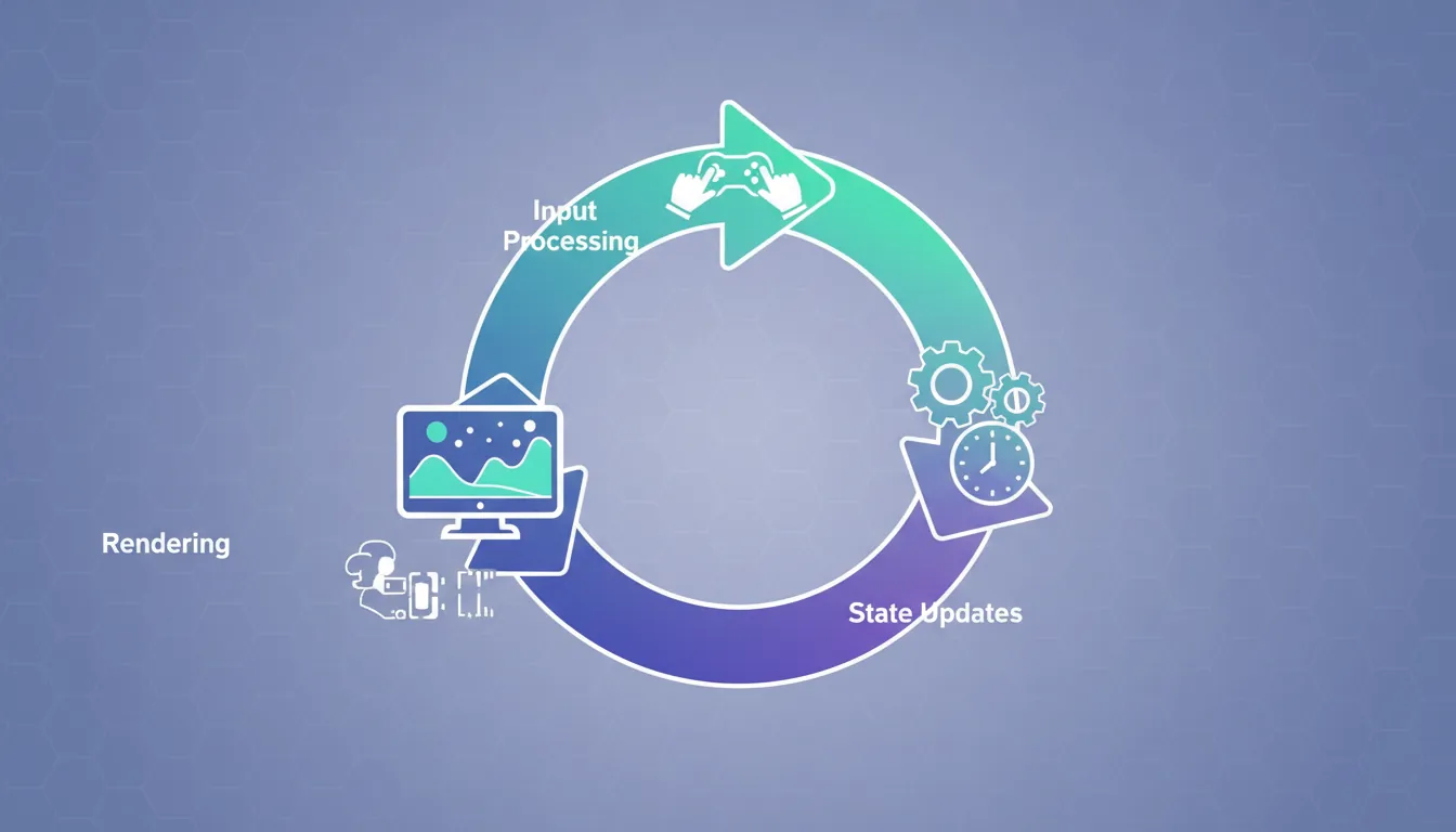 Game loop architecture showing input, update, and render phases