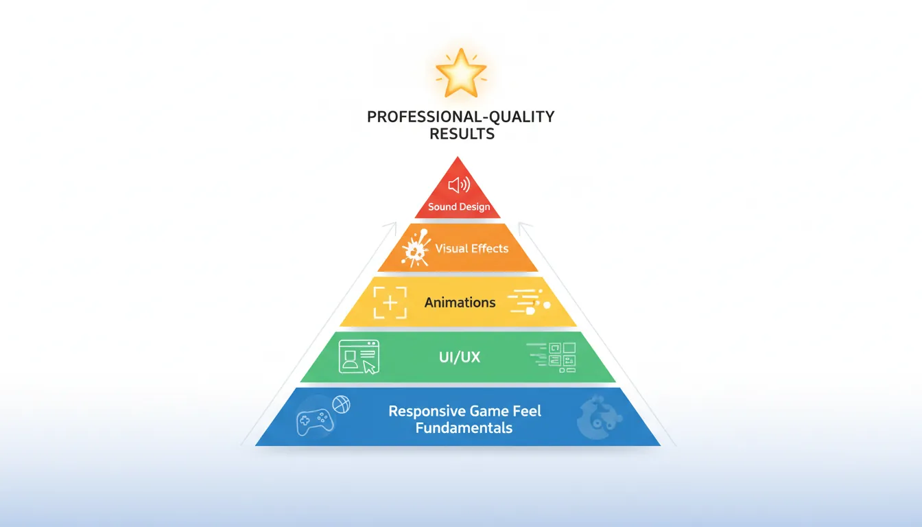 Game polish pyramid showing layers from game feel to sound design