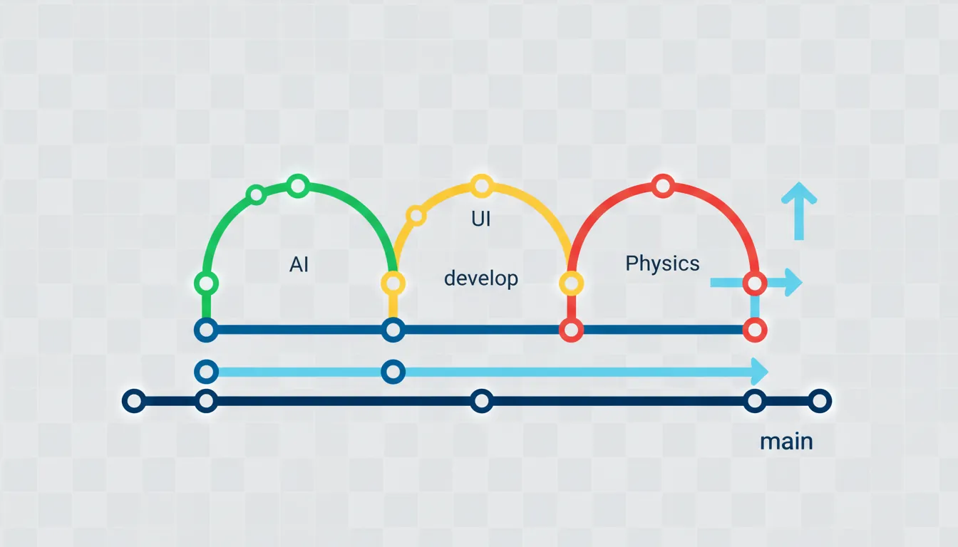 Git branching workflow for game development with feature, develop, and main branches