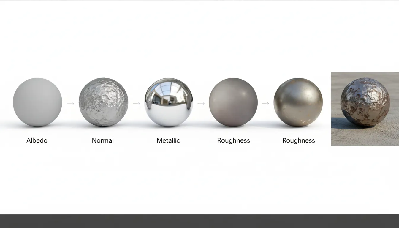 PBR material workflow showing texture maps applied to a 3D surface