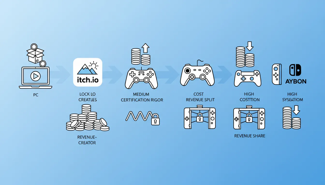 Platform comparison chart showing Steam, itch.io, iOS, Android, and console requirements