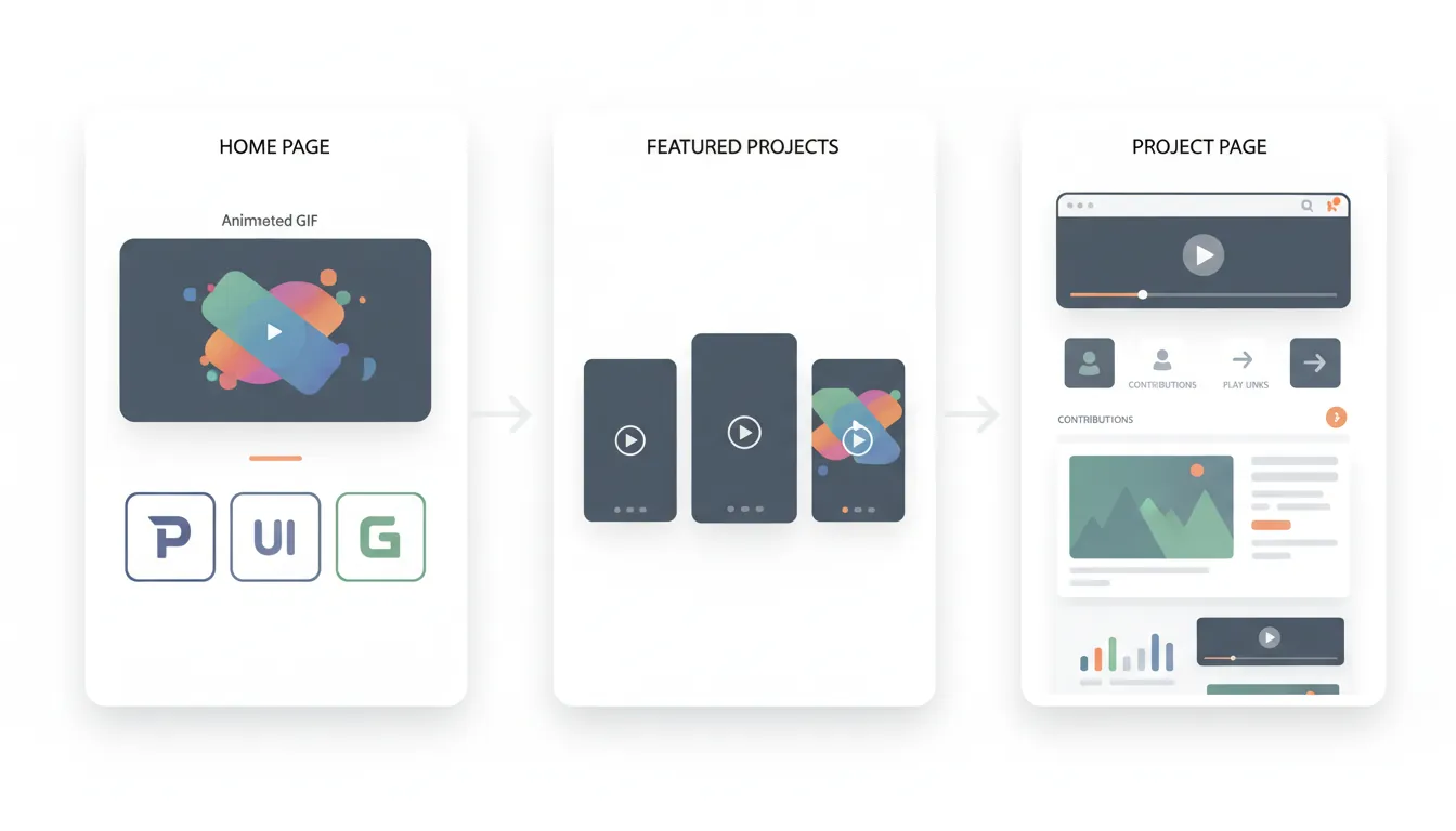 Portfolio website layout with hero section, featured projects grid, and project detail page