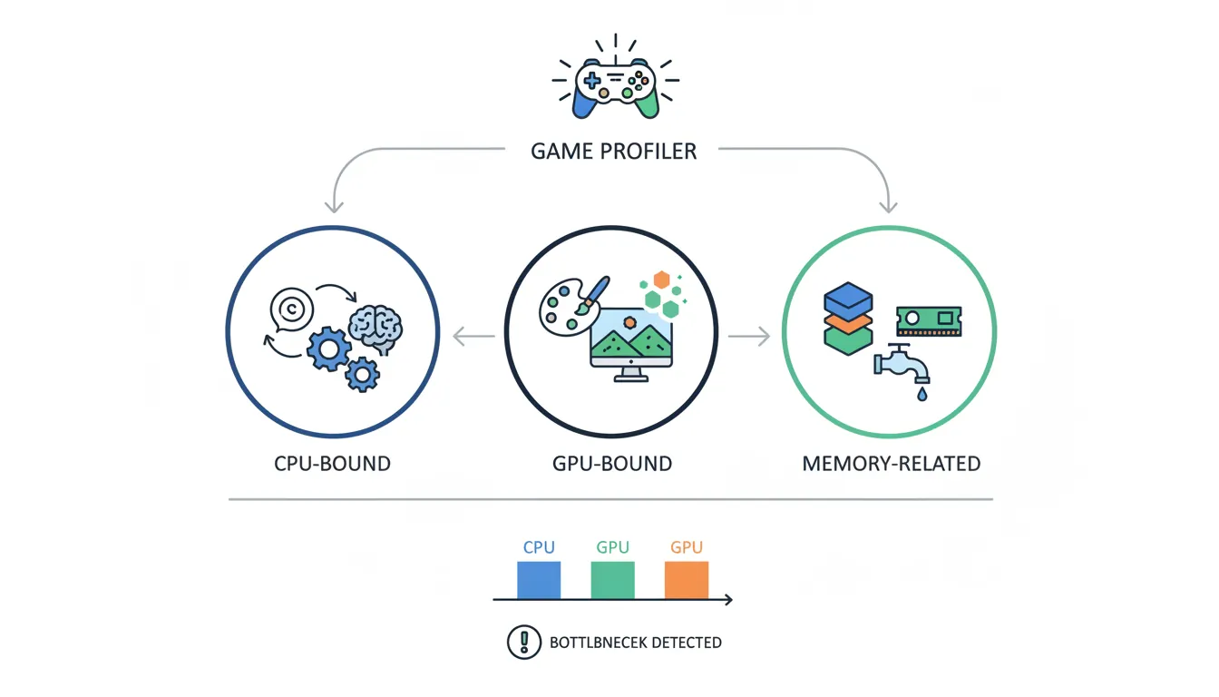 Game profiler identifying CPU, GPU, and memory bottlenecks with optimization strategies