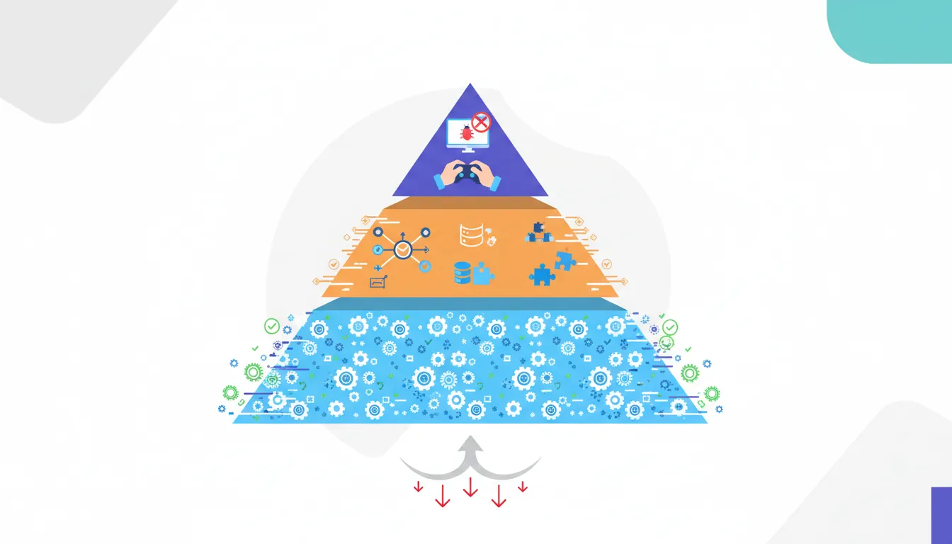 Testing pyramid with unit tests at base, integration tests middle, and manual playtesting at top