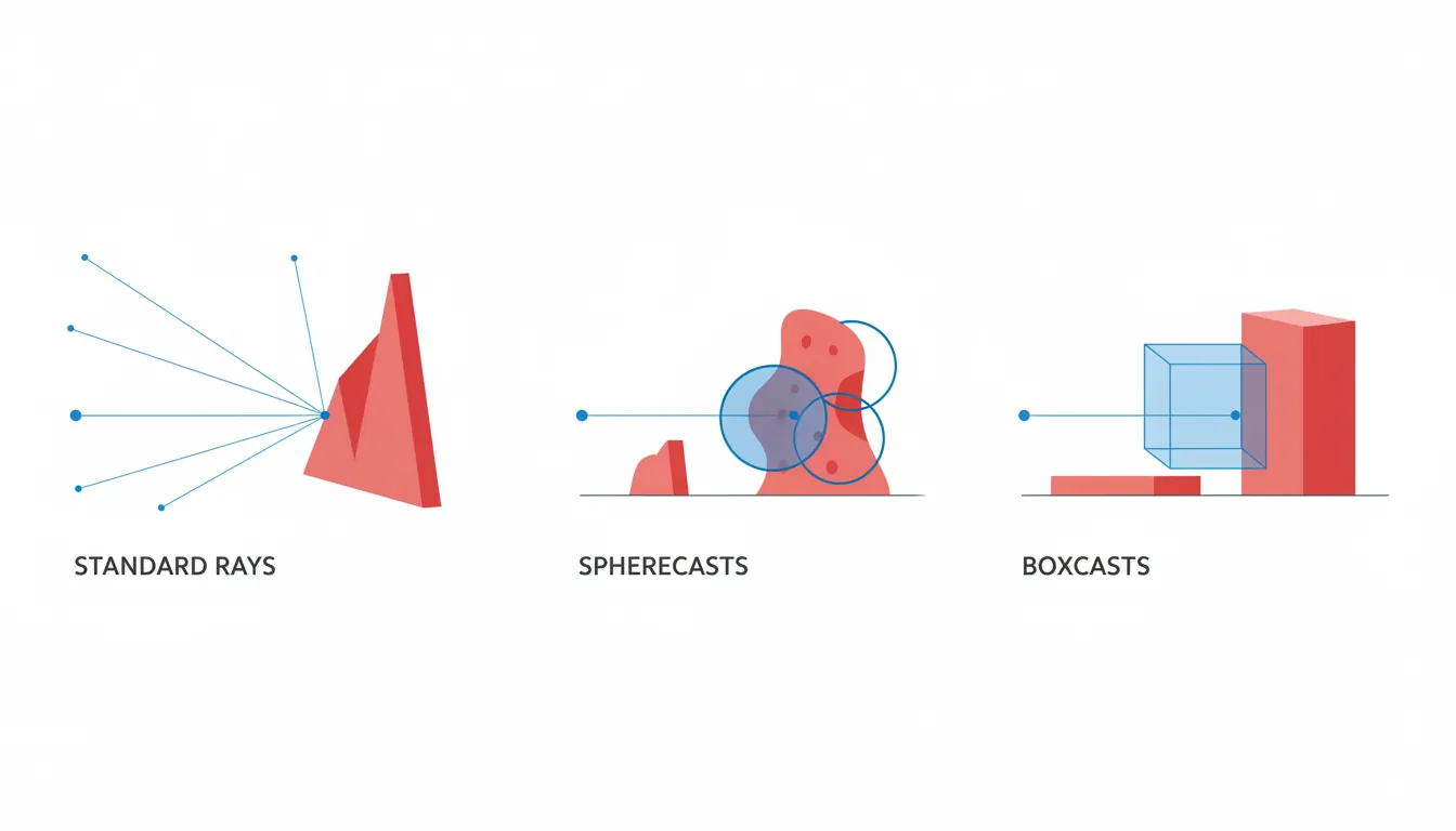 Raycasting visualization showing standard ray, spherecast, and boxcast