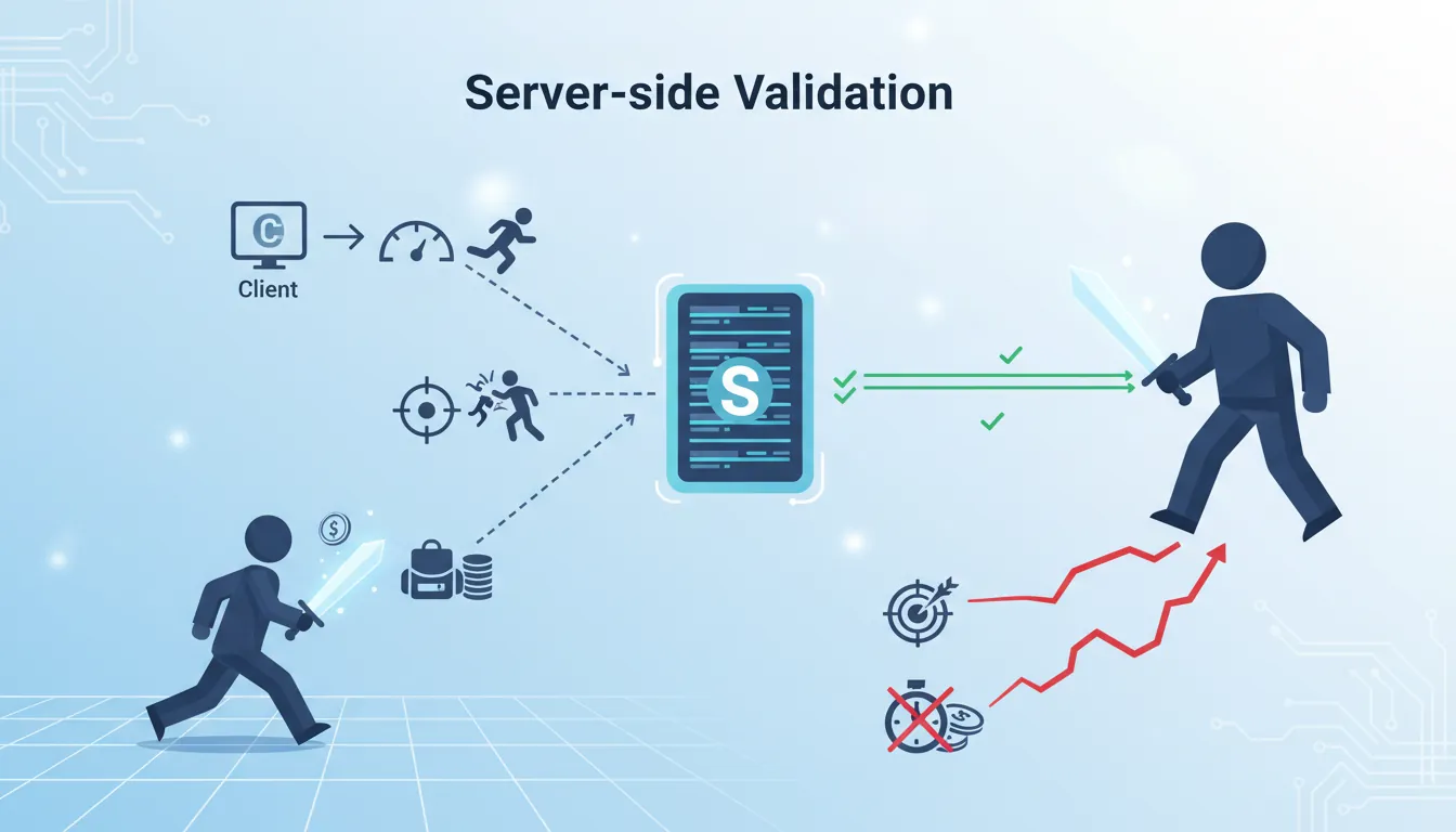Server-side validation architecture preventing common multiplayer cheats