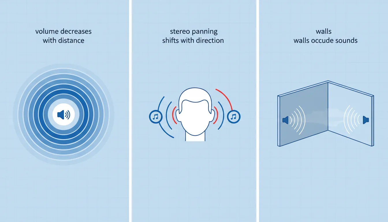 3D spatial audio showing distance attenuation, stereo panning, and occlusion through walls
