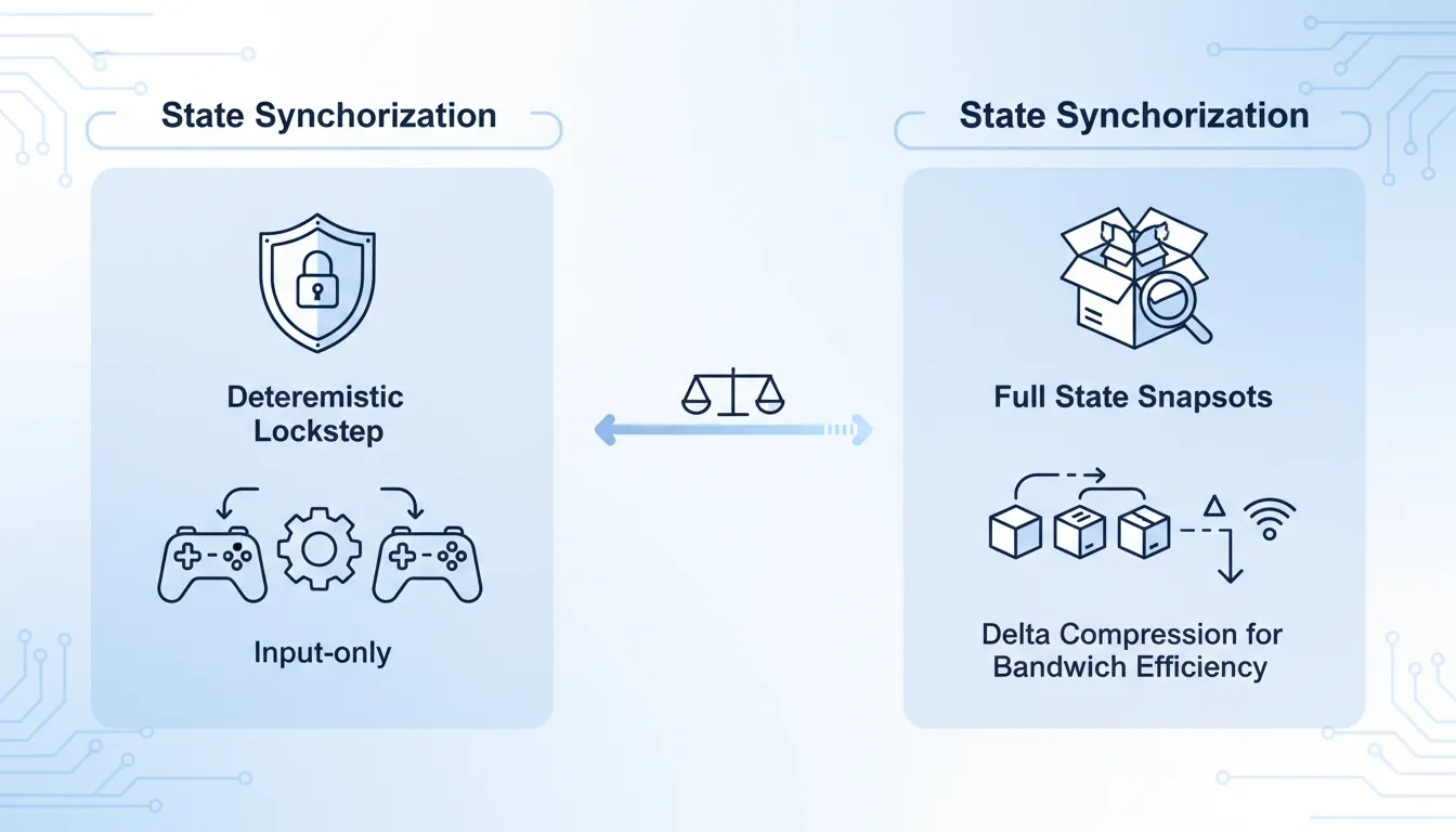 State synchronization strategies: lockstep, snapshot, and delta compression