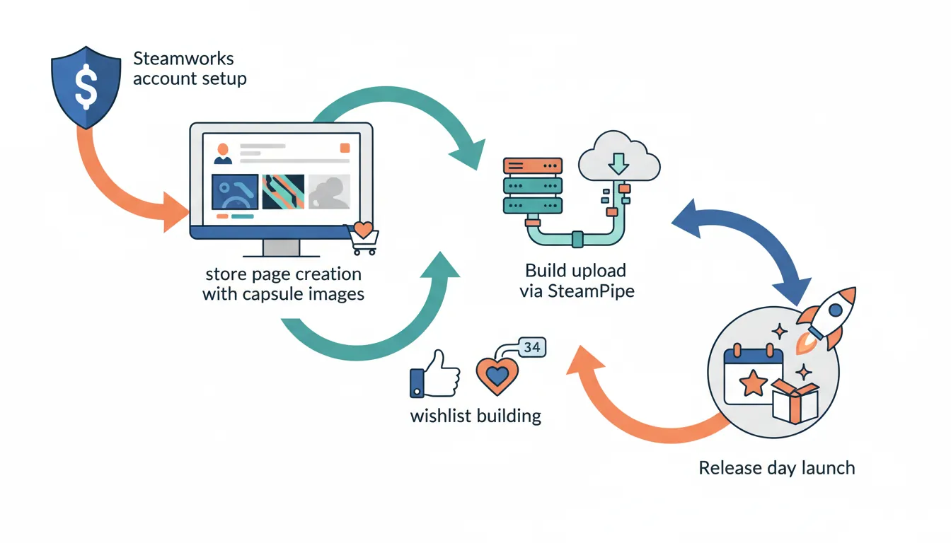 Steam publishing workflow from Steamworks setup through store page to release day