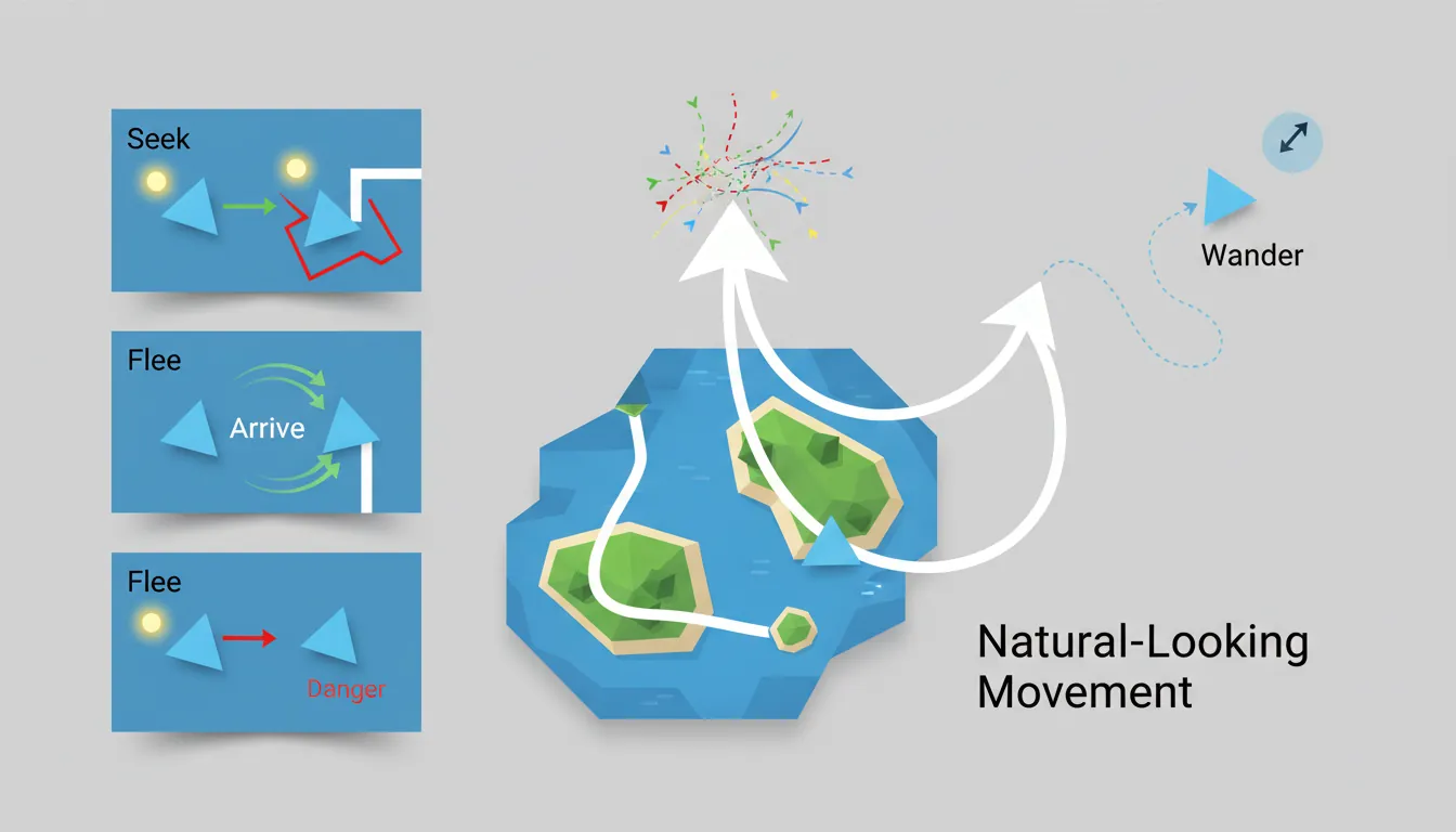 Steering behavior force vectors showing seek, flee, arrive, and wander patterns