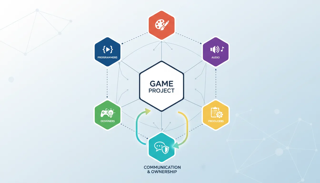 Game development team structure with programmers, artists, designers, and audio roles